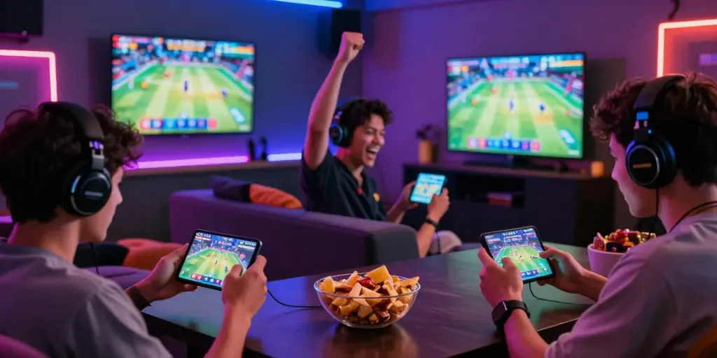 Exciting scene of players in a gaming lounge celebrating wins on the Bingo app download apk.