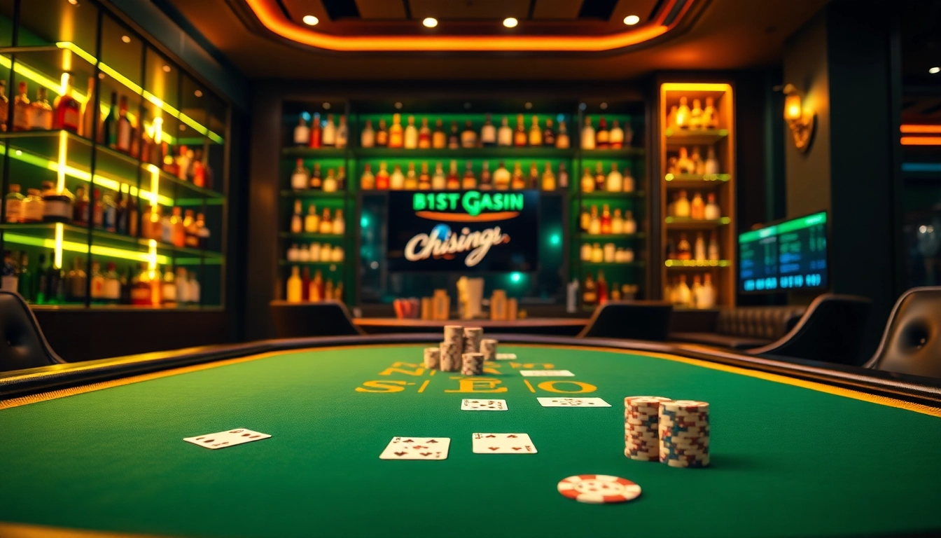 Erleben Sie spannende Casino Spiele.de mit einem eleganten Poker-Tisch und luxuriösem Ambiente.
