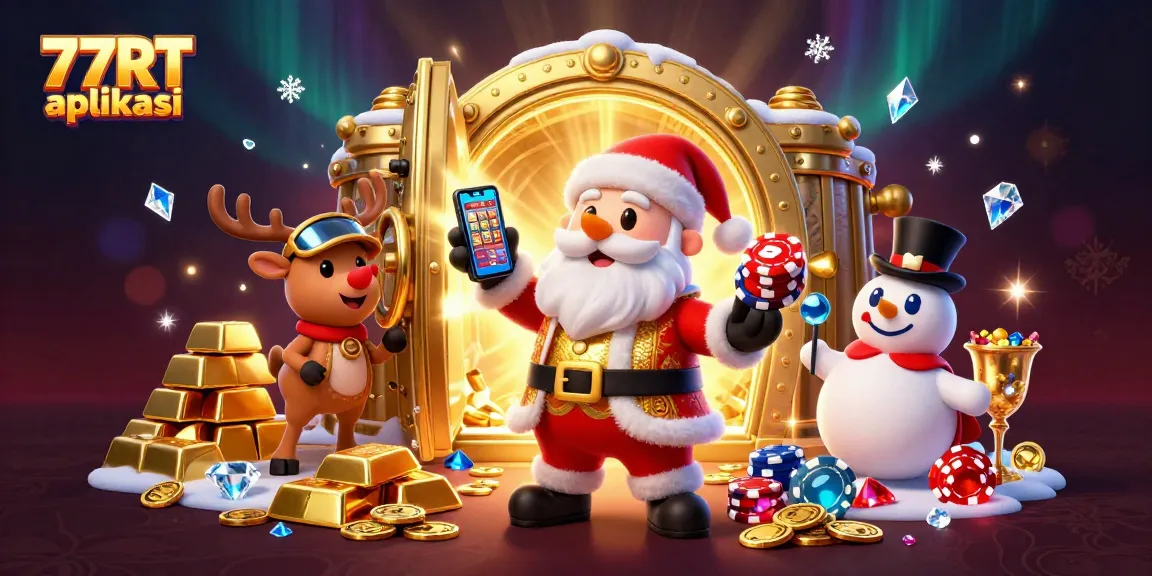 Experience the thrill of winning with 77RT aplikasi in a vibrant casino-themed illustration.