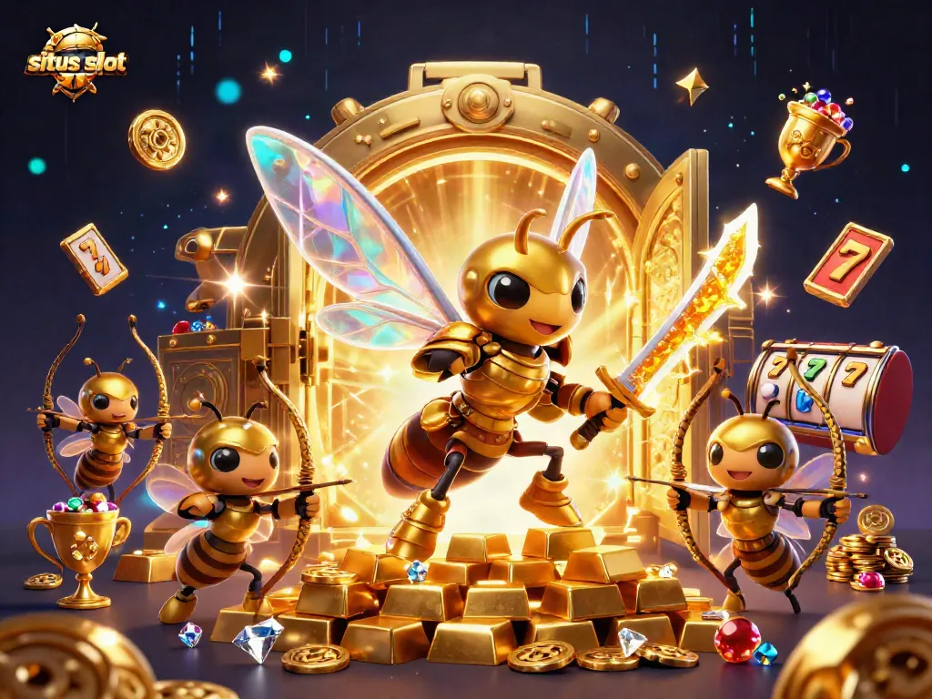 Permainan situs slot dengan penguin keberuntungan di latar belakang harta karun yang berkilauan.