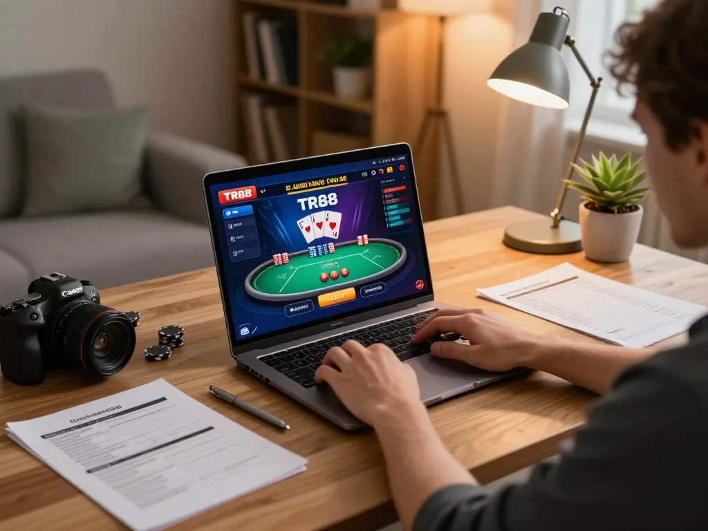 The strategic TR88 online gaming setup with vibrant poker interface inviting responsible gambling