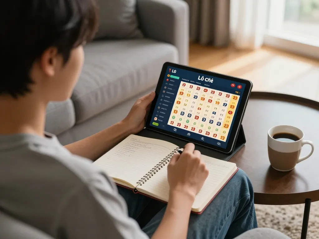 Lô đề online gaming session at home, player focused on tablet interface, strategic notes nearby.