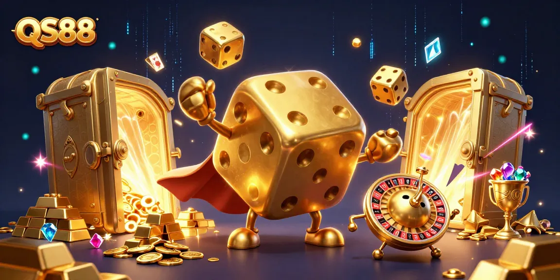 Experience gaming excitement with QS88 as golden dice and jewels illuminate the casino scene.