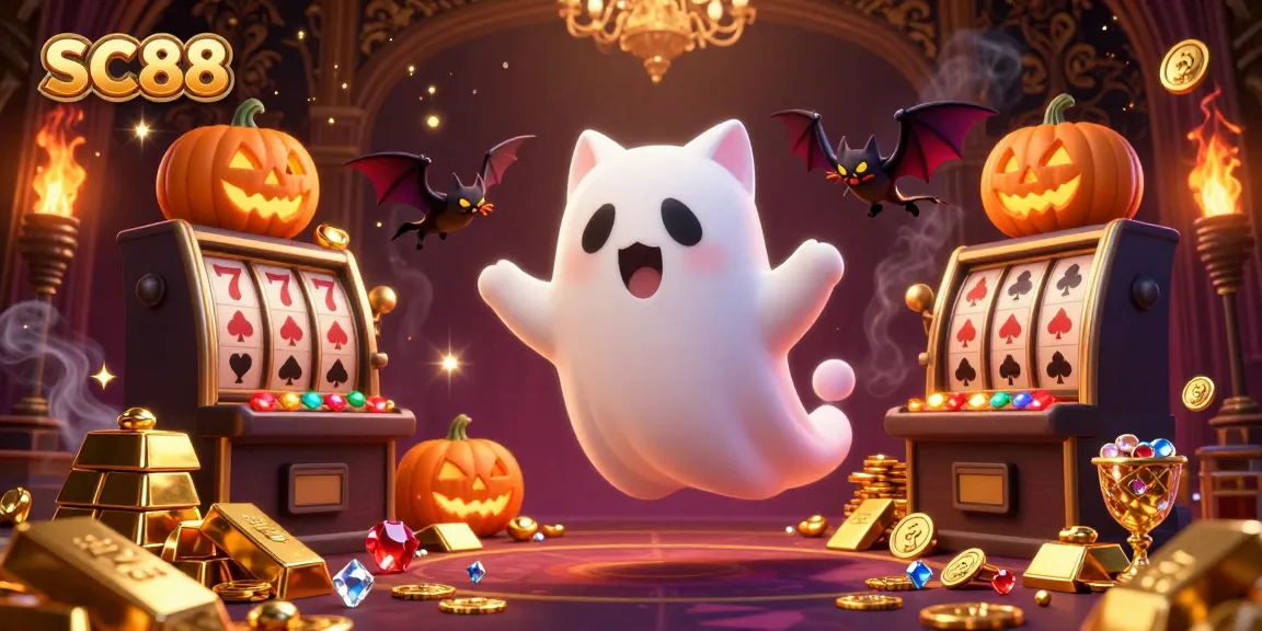 Engage in thrilling entertainment at SC88 with a ghost cat and treasures floating in a haunted casino.