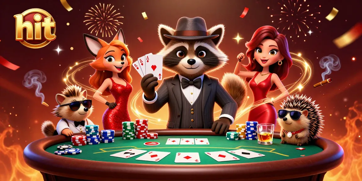Play hit games featuring the charming raccoon in a stylish suit, winning at the poker table.