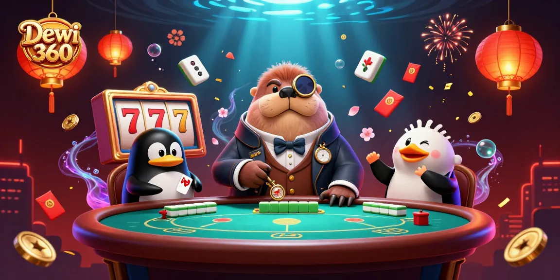 Permainan seru Dewi 360 di meja poker dengan karakter lucu dalam suasana kasino yang penuh warna.