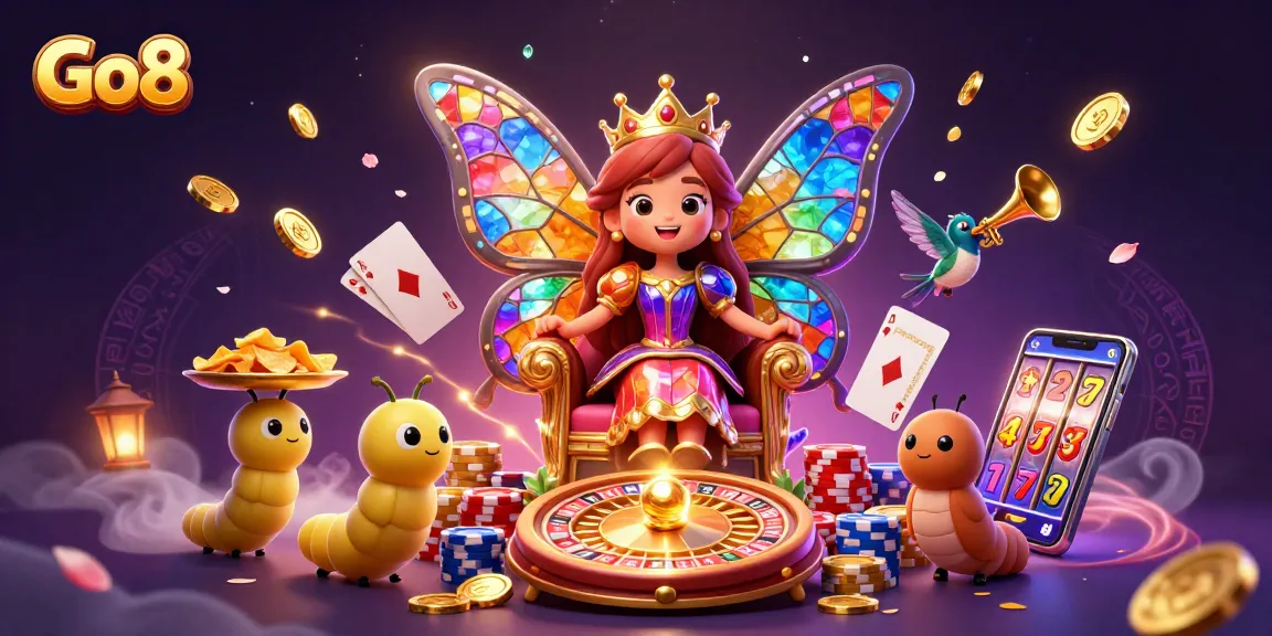 Spin the reels and win with Go8's dynamic casino scene featuring a butterfly queen and golden treasures.
