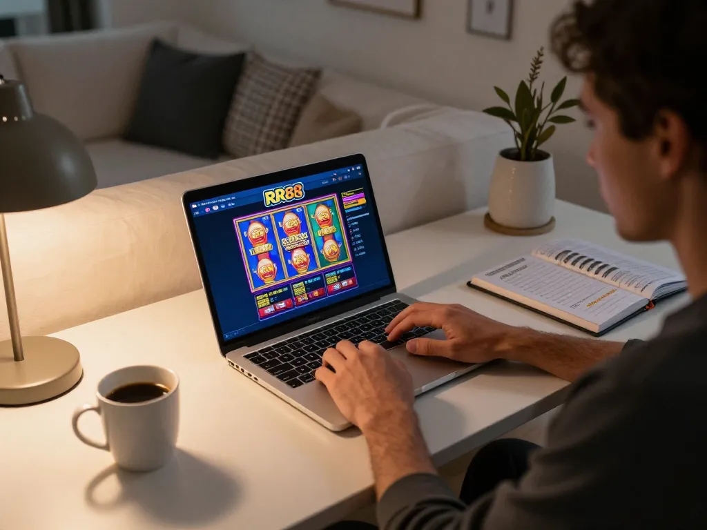 Player engaging with the RR88 casino platform on a stylish home desk, showcasing online gambling