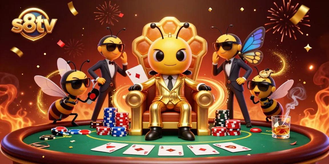 Experience thrilling gameplay with s8tv's vibrant poker scene featuring a cartoon bumblebee mob boss.