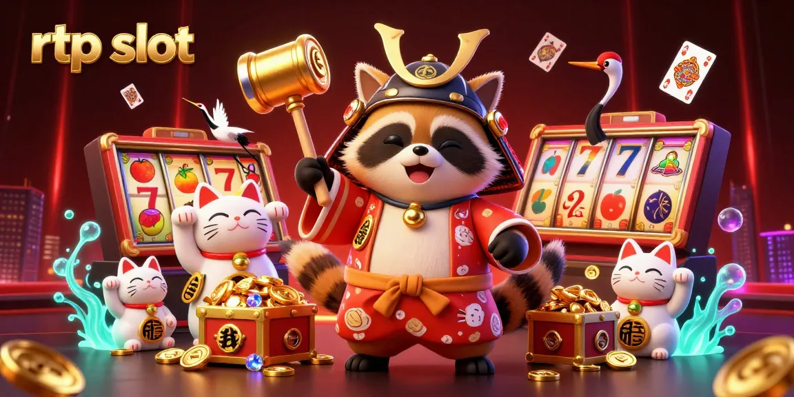 Capture the essence of rtp slot gaming with a lively tanuki, samurai crane, and waving fortune cats in a dynamic, casino-themed illustration featuring vibrant slot reels and gold coins.
