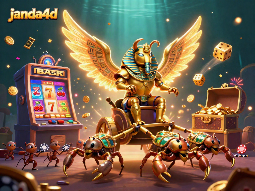 Ilustrasi kasino 3D yang menampilkan janda4d dengan scarab emas dan mesin slot.