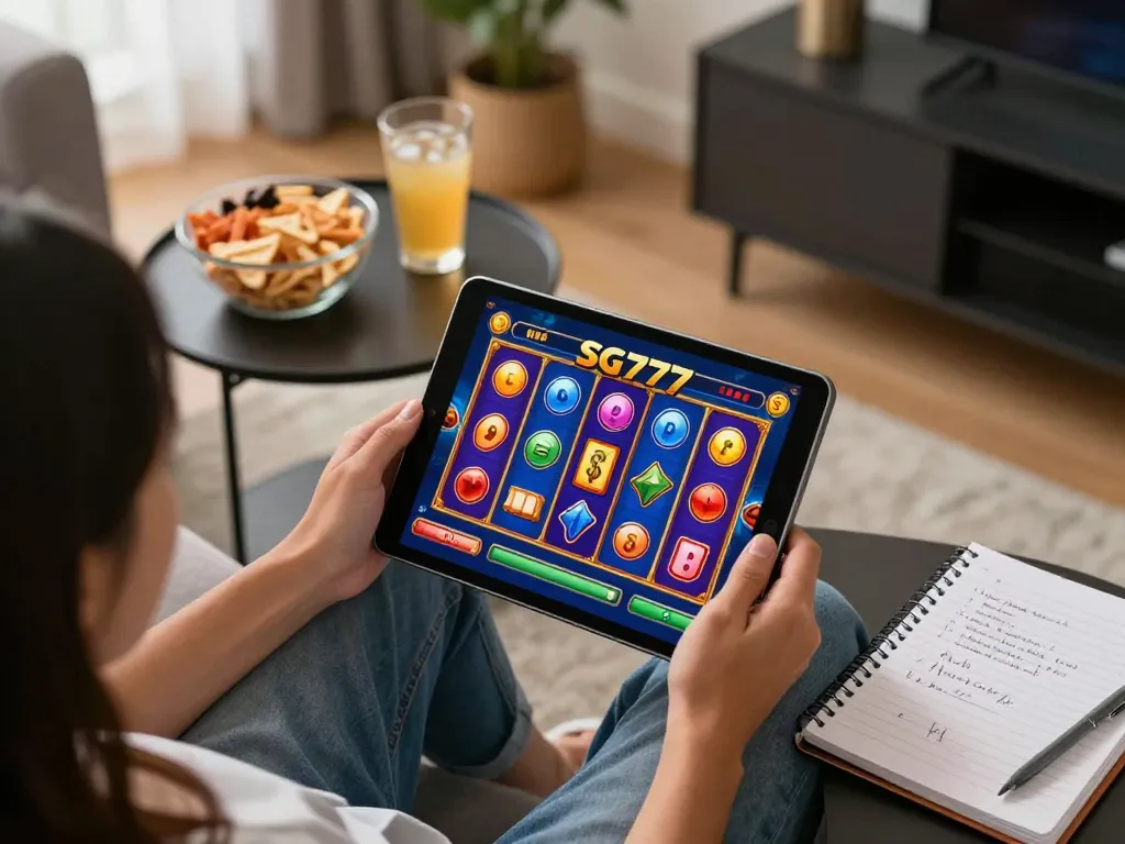 Engaging in thrilling SG777 slot games on a tablet in a cozy living room.
