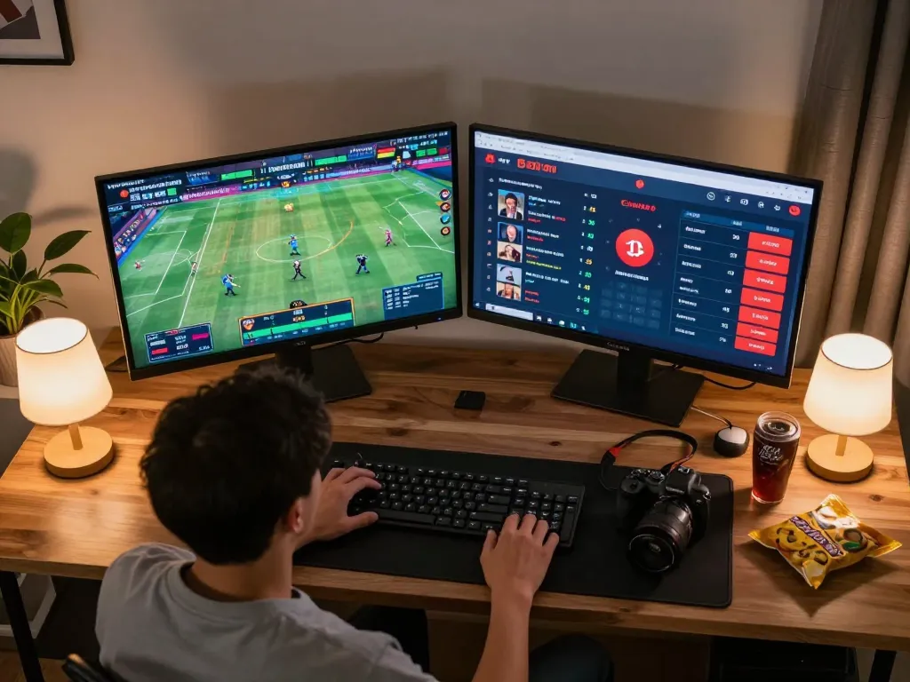Engaged player using king33 betting app while watching live sports events.