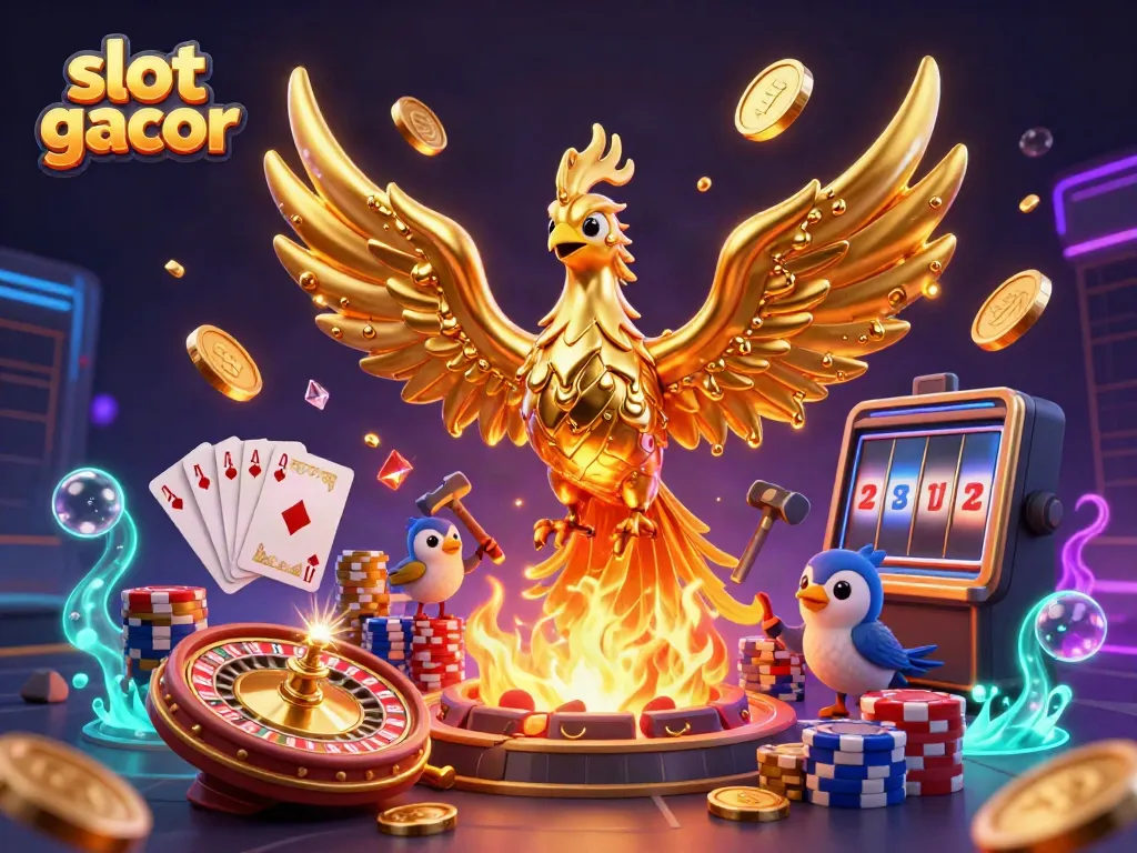 Unleash the slot gacor experience with a molten phoenix and dynamic game elements in an illuminated casino scene.