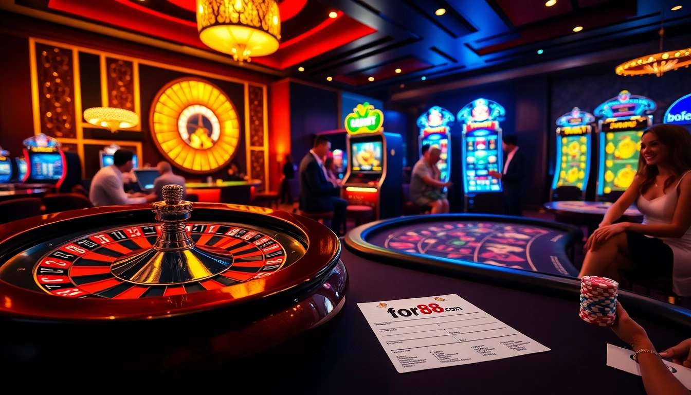 Exciting gaming at for88 .com with roulette and poker tables, vibrant lights, and engaging players.