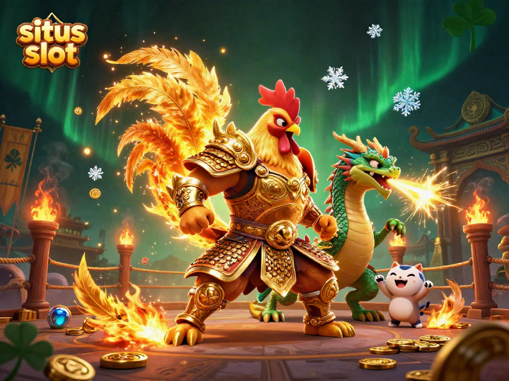 Menangkan permainan di situs slot dengan ilustrasi 3D karakter ayam pejuang dan naga berapi.