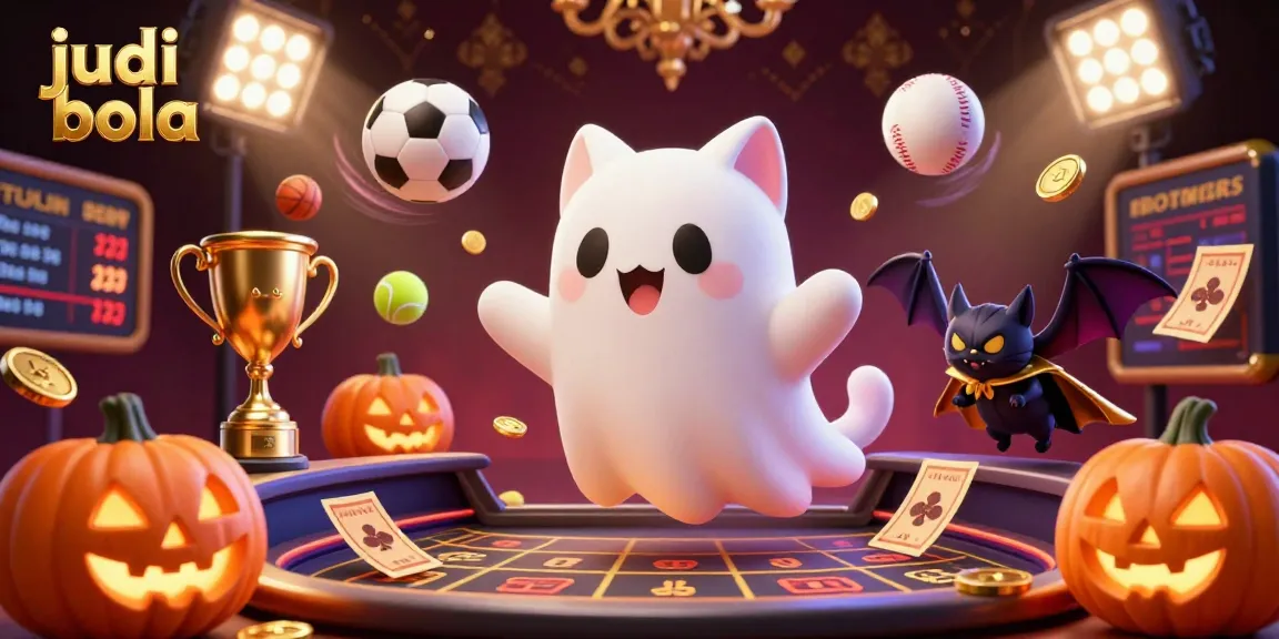 Join the excitement of judi bola with a ghost cat and bat in a vibrant sports betting casino scene.