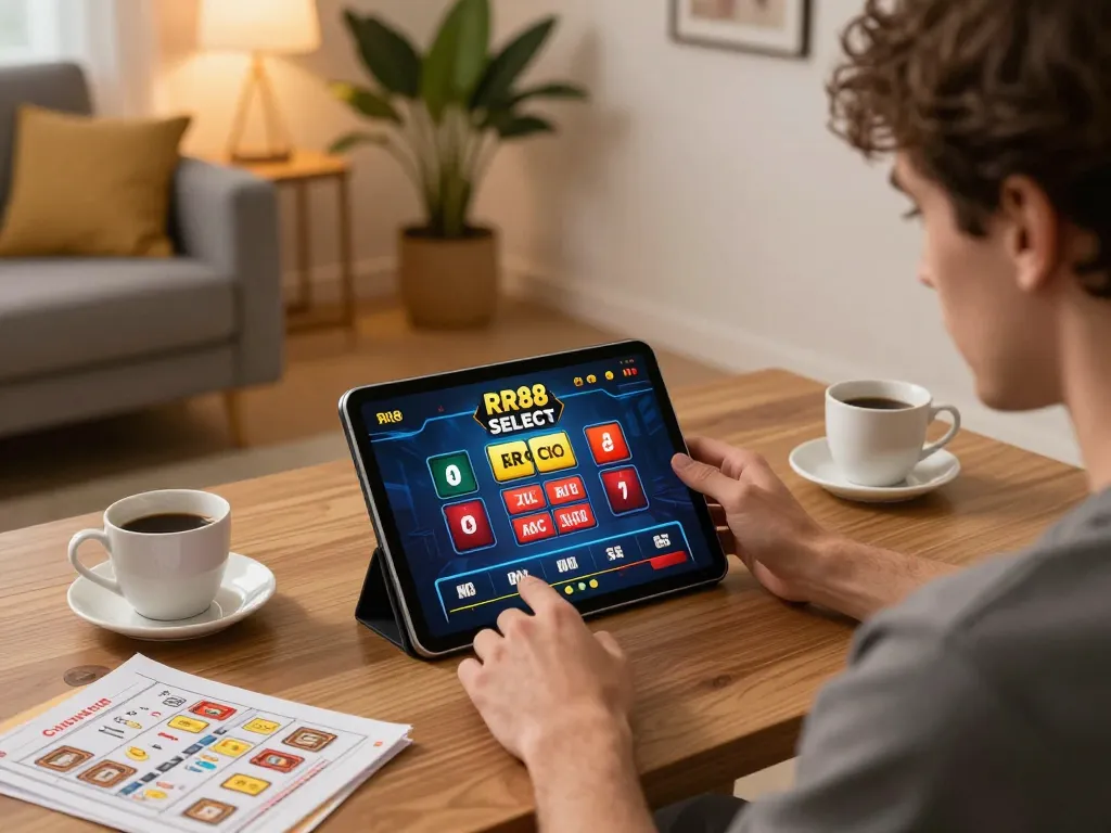 Engaged player using the RR88 SELECT casino app on a tablet in a cozy home setting.