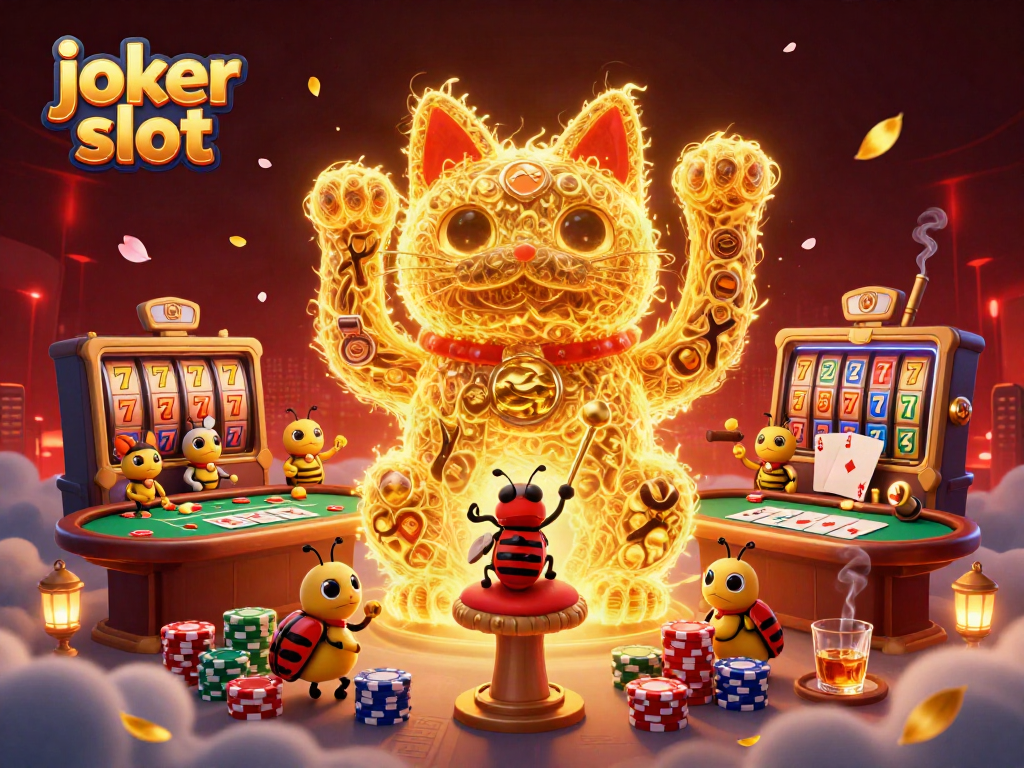 Jelajahi joker slot dengan ilustrasi kucing keberuntungan dari kunang-kunang emas, dikelilingi simbol kasino yang menarik.