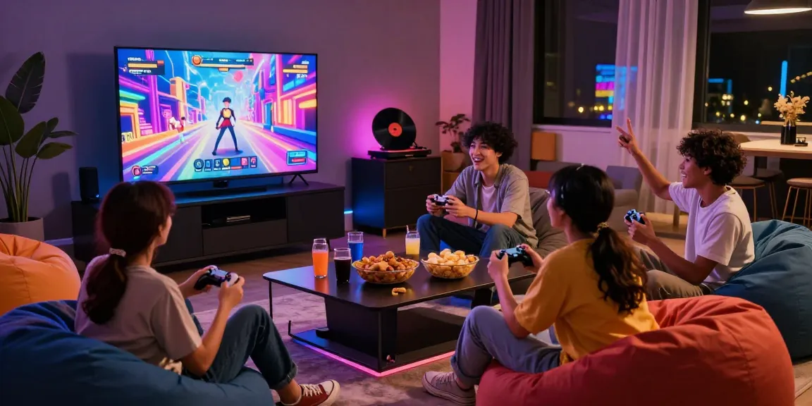 Friends enjoying a multiplayer hentai game in a vibrant gaming lounge setting, showcasing excitement and social interaction.