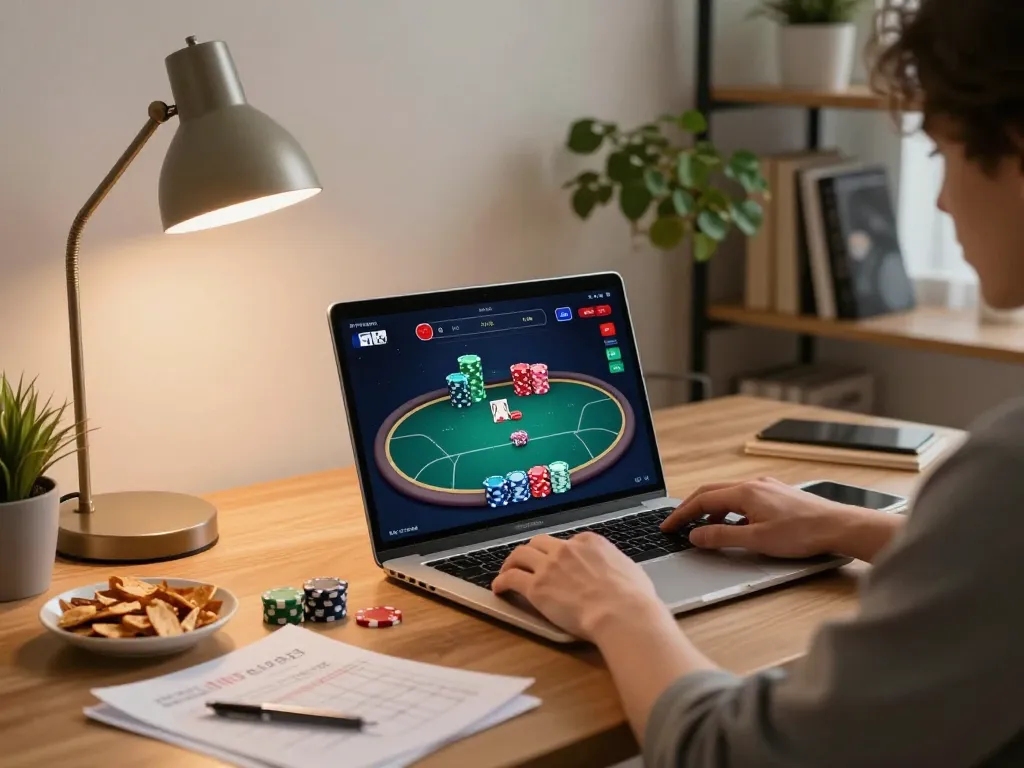 Player engaging with the 888VI Homepage on laptop for online poker gaming, showcasing strategic involvement and cozy setup.