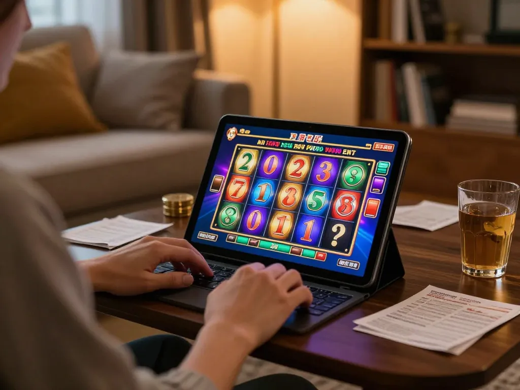 king33 user strategizing during online casino gameplay with vibrant slot interface.