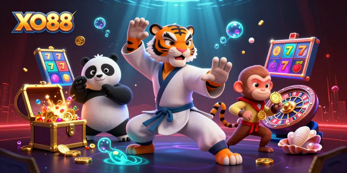 Engage in thrilling casino action with XO88's vibrant 3D illustration showcasing exciting games and characters