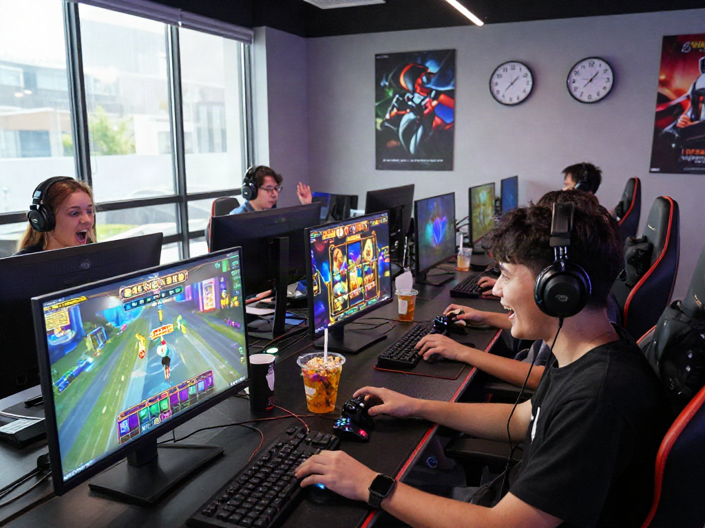 MPOCASH online gaming excitement with friends in a modern setup, showcasing colorful games and dynamic interaction.