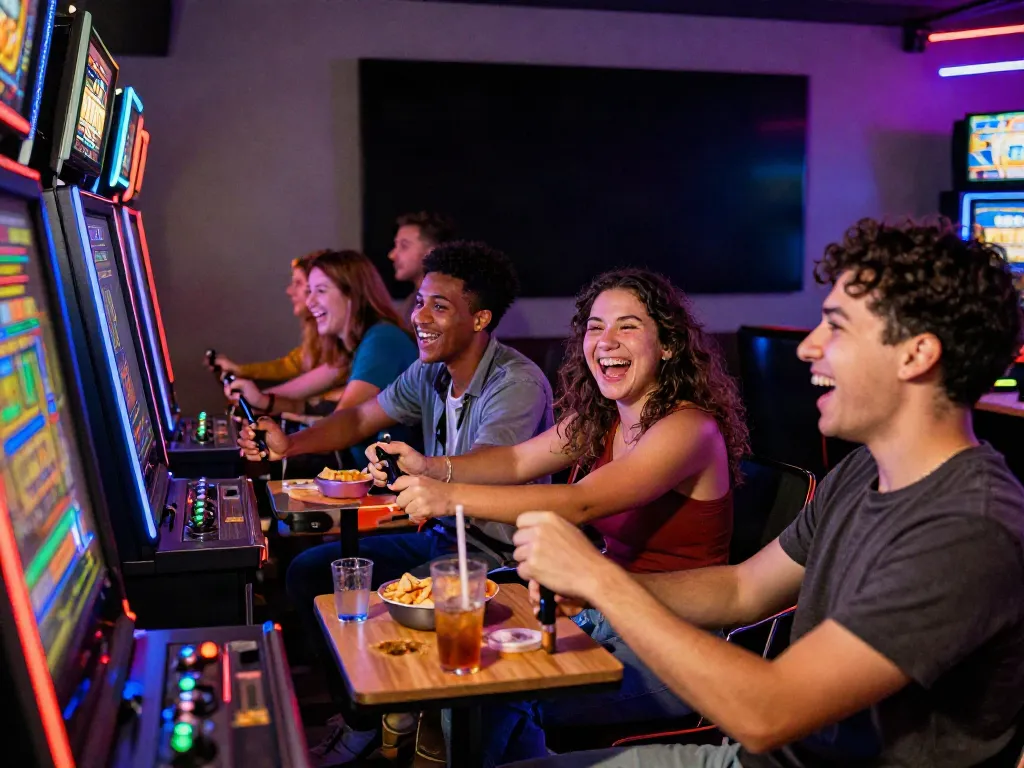 Exciting scene of friends enjoying slot gaming at a vibrant lounge with colorful lights and celebratory atmosphere.
