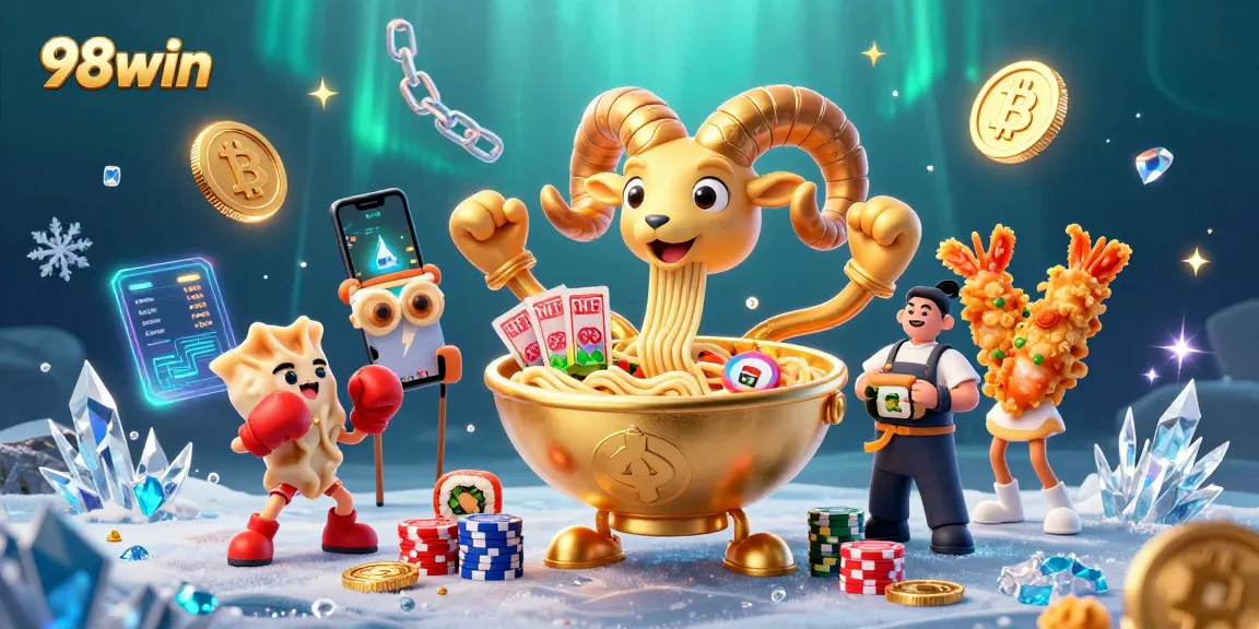 Experience thrilling games at 98win with a vibrant casino scene featuring dynamic characters and crypto elements.