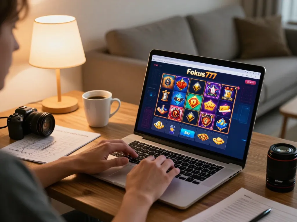 Engaging with Fokus777 online games on a laptop at home, showcasing responsible gaming.