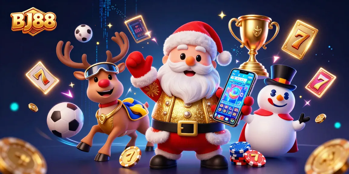 BJ88 features a vibrant casino scene with Santa, a reindeer dealer, and a poker chip snowman among dynamic game elements.