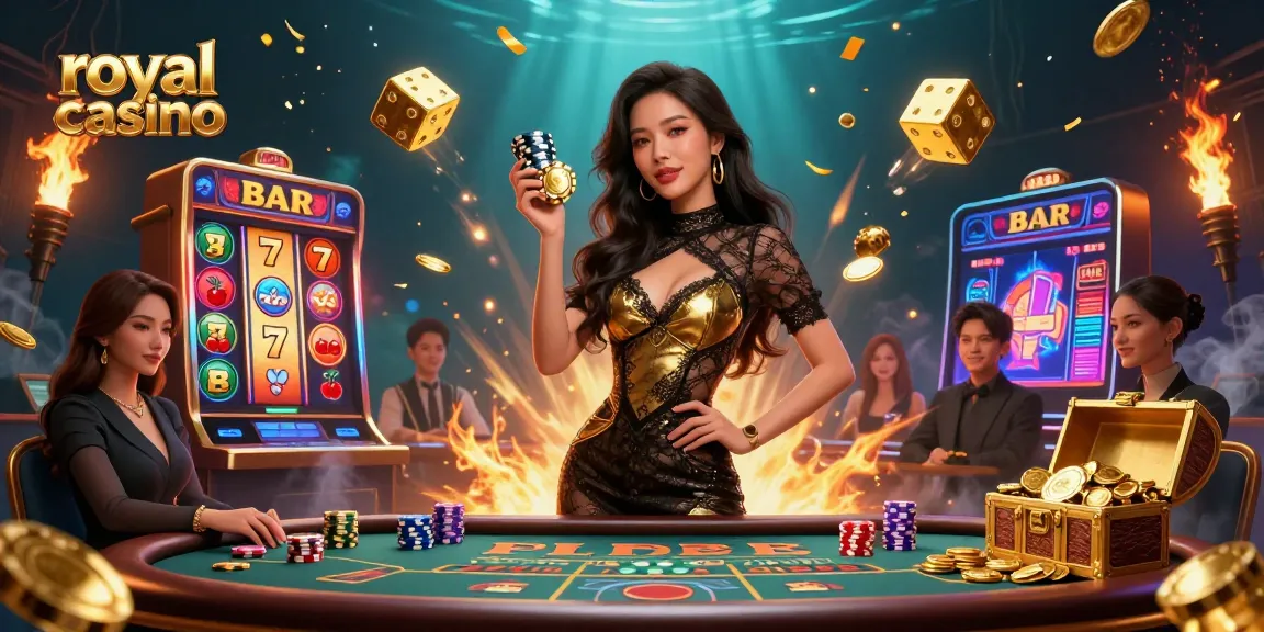 Experience the excitement of royal casino with a glamorous woman celebrating a jackpot victory.