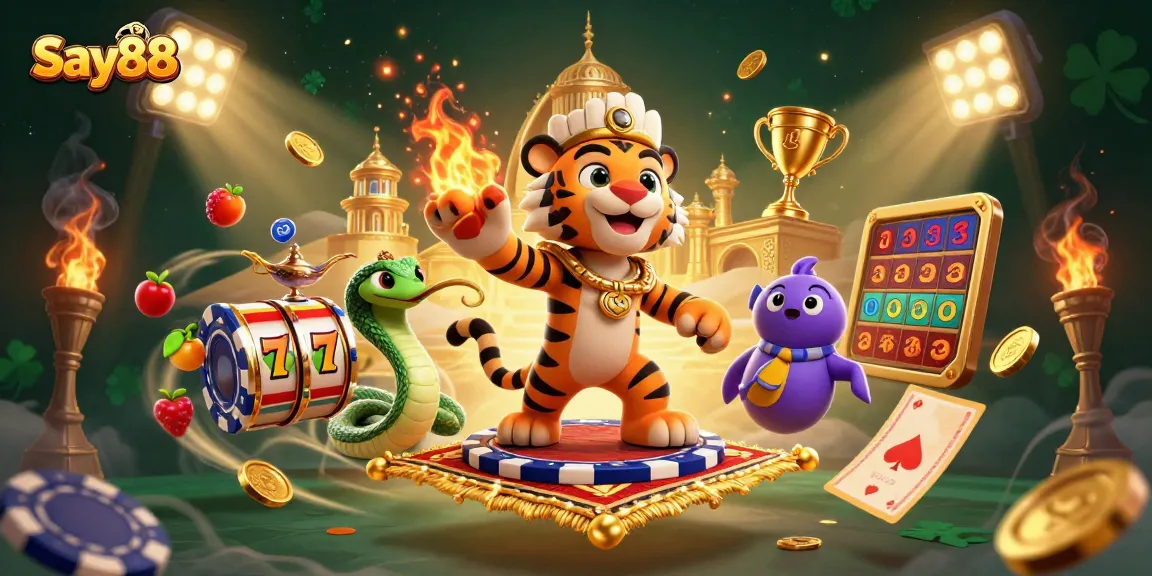 Experience the excitement of Say88 with a dynamic casino scene featuring a sultan and magical elements.