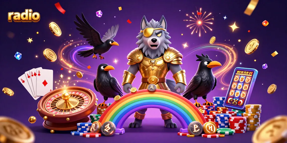 Radio-themed 3D casino scene featuring Odin with ravens, golden coins, and festive elements