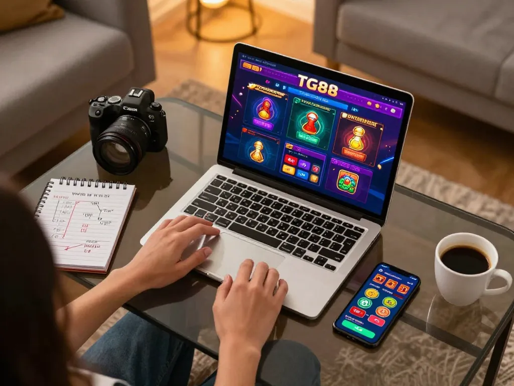 Person playing TG88 online casino on laptop, highlighting strategic gameplay and cozy home atmosphere.