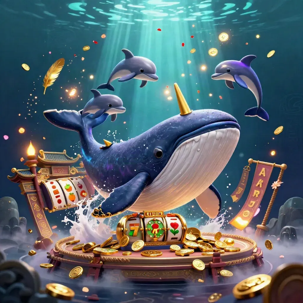 Whale captain, narwhal, and dolphins burst through coins in a glowing underwater casino fantasy.