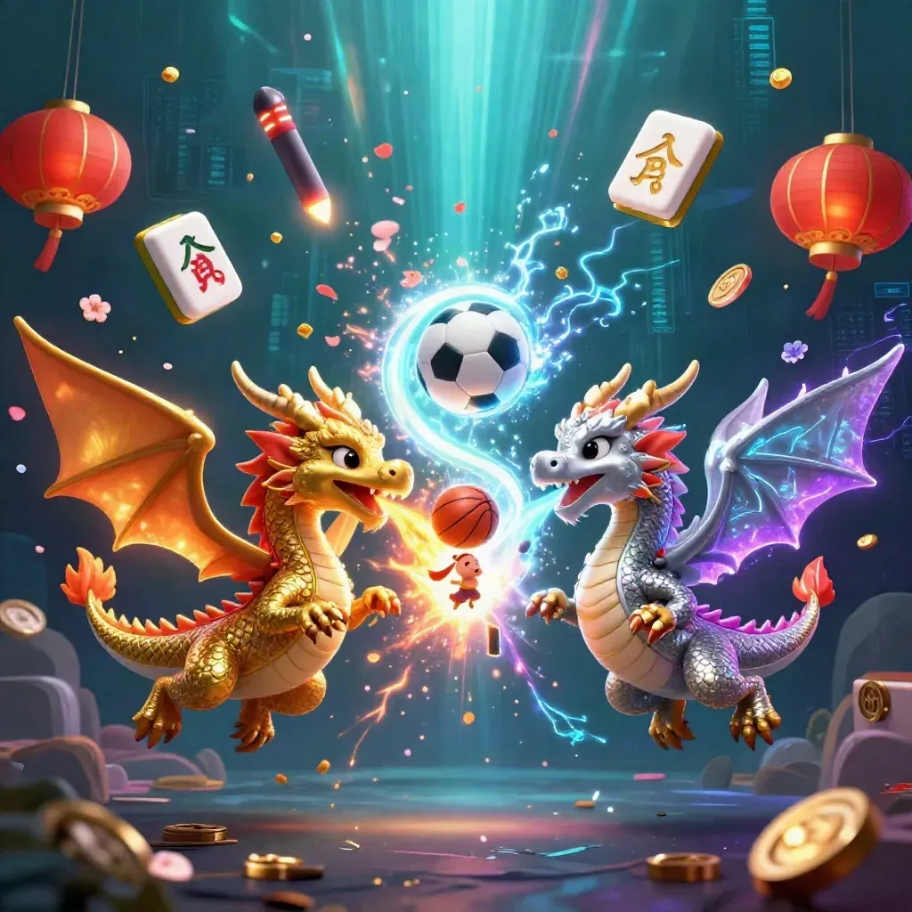 Gold and silver dragons swirl with fire and ice, surrounded by casino and sports icons in neon light.