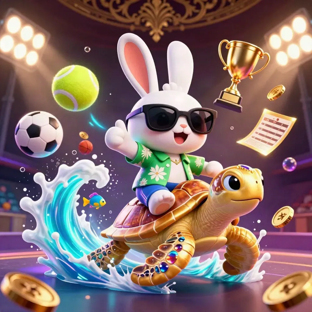 Lucky rabbit on a gold turtle amid flying sports balls, coins, and casino glow.