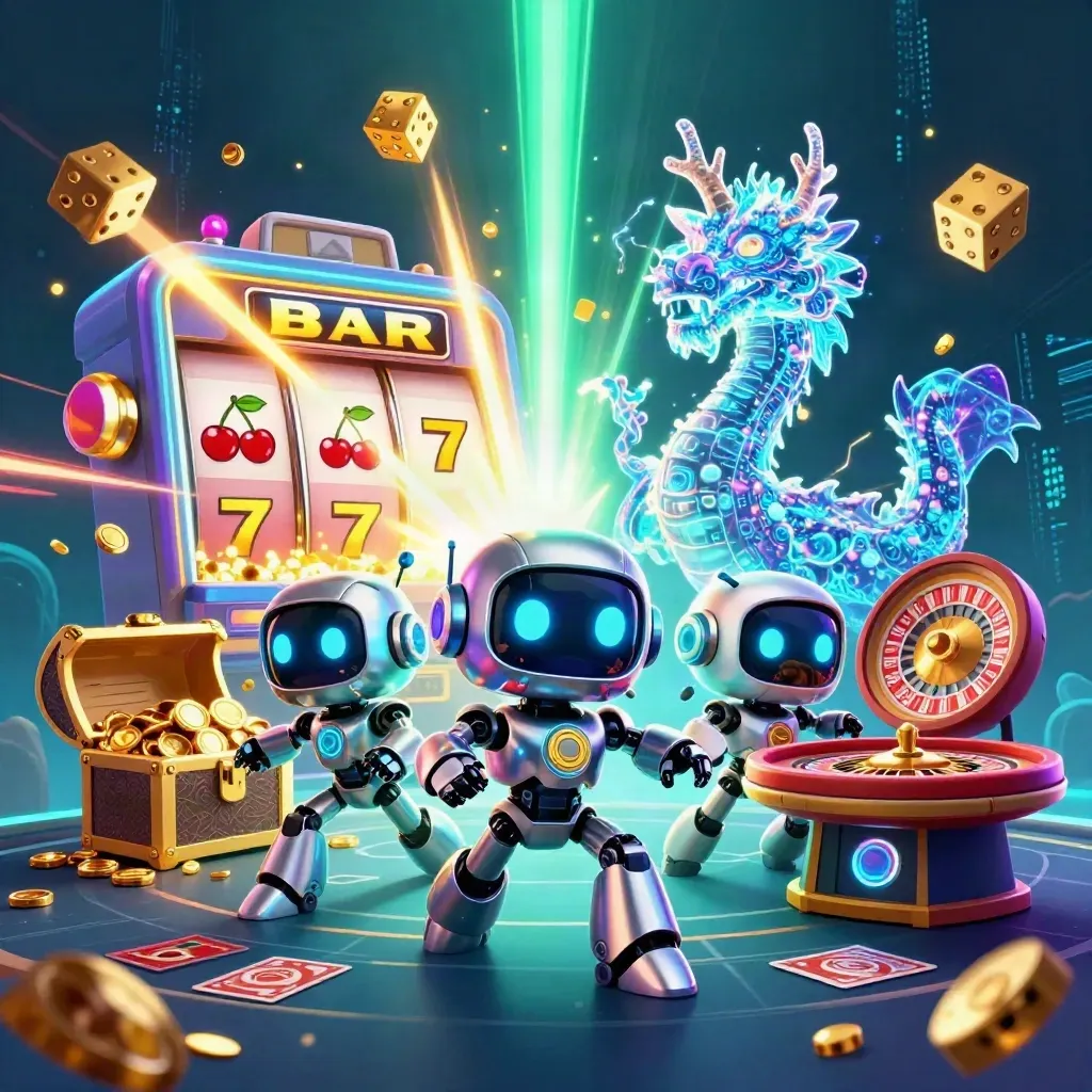 Cyberpunk robot, AI dragon, and coin drone amid jackpot burst, roulette, table, and casino glow.