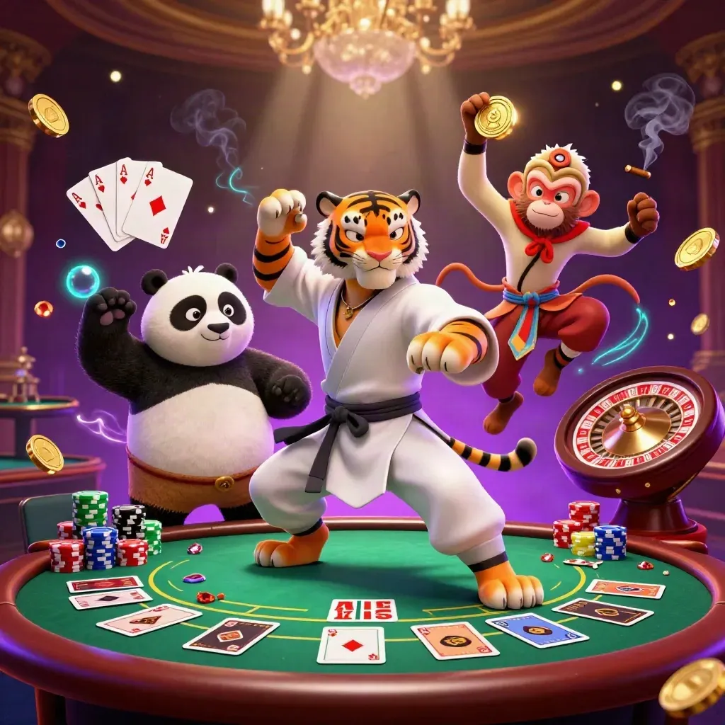 Tiger master, panda disciple, and monkey student amid glowing casino props and luxury light.