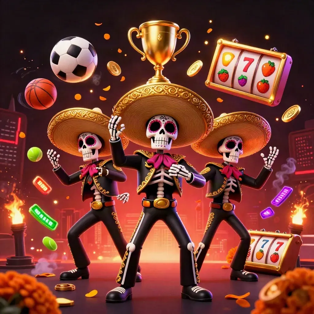 Day-of-the-Dead mariachi skeleton trio amid jackpot sparks, sports balls, coins, and neon casino glow.