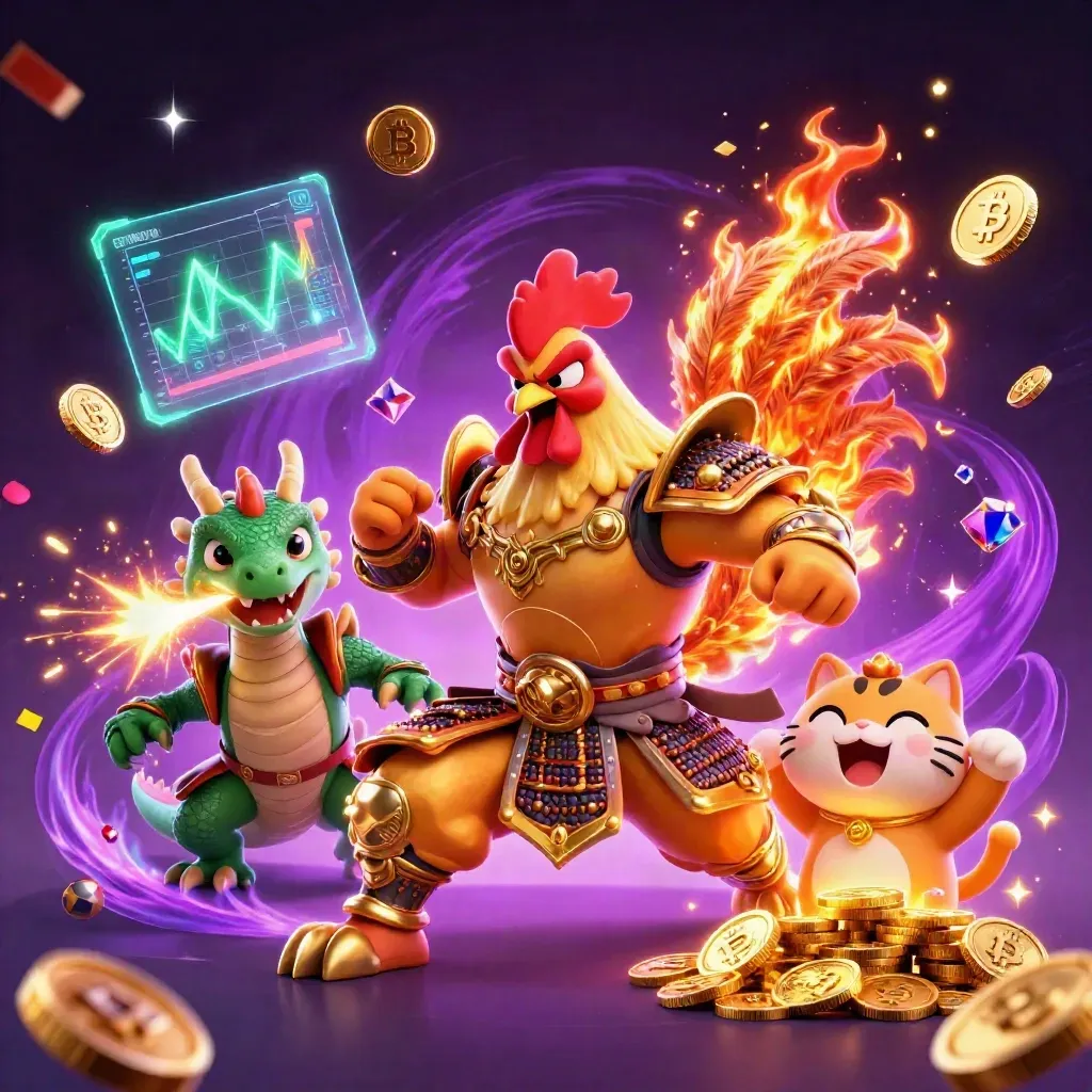 Rooster warrior, spark-breathing dragon hatchling, and fortune cat amid neon casino treasure.
