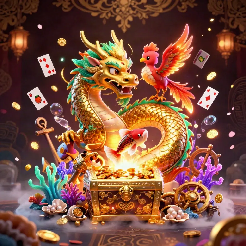 Golden dragon, phoenix, koi, and treasure chest bursting in a luxe underwater jackpot cove.