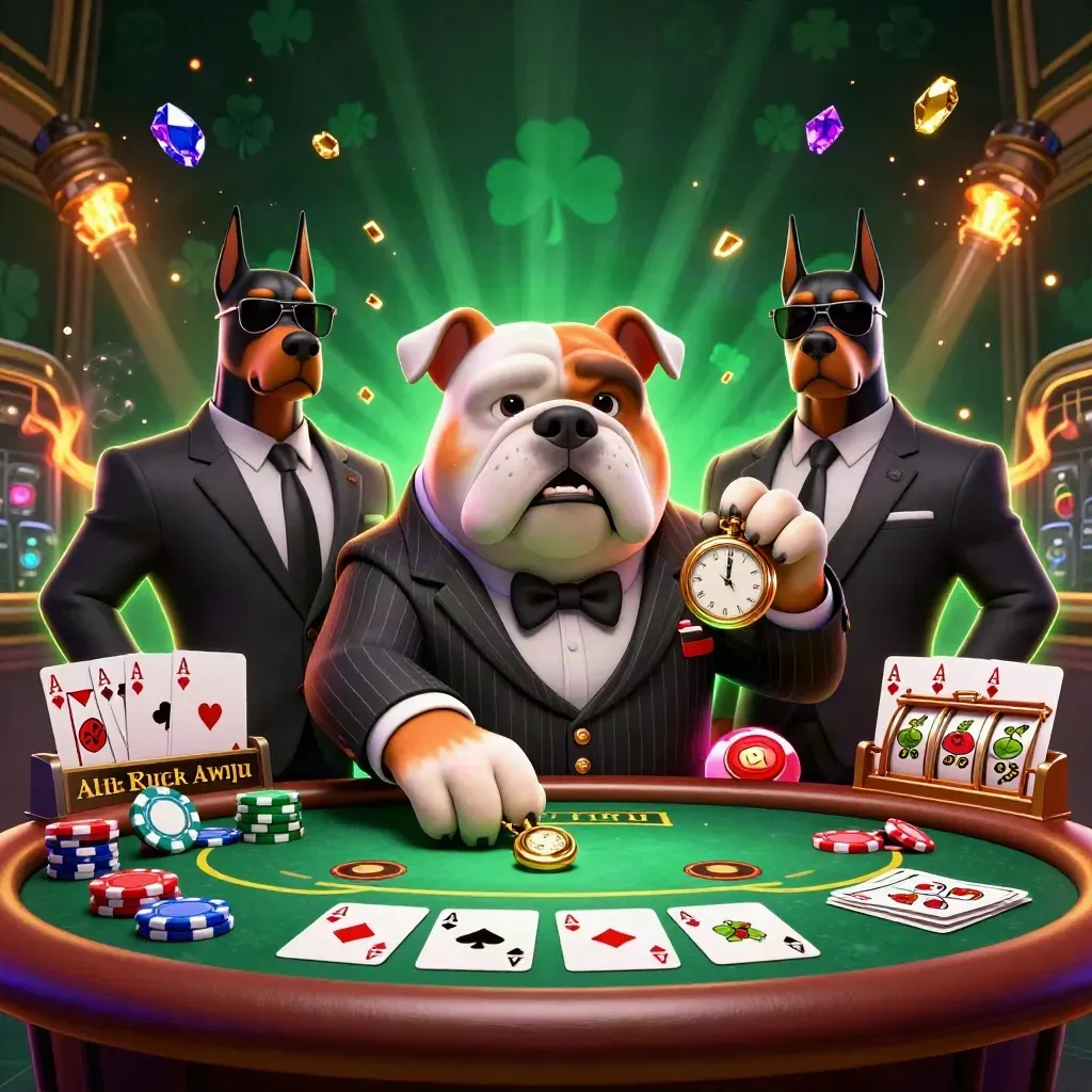 Mafia bulldog and two Dobermans at a green poker table amid chips, aces, reels and jackpot glow.