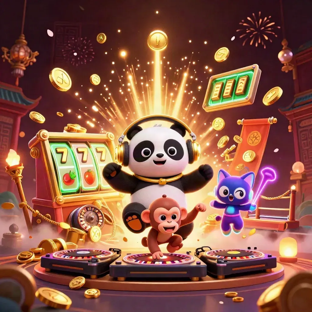 DJ panda, breakdancing monkey, and glow-stick kitten erupt from a jackpot vault amid coins and fireworks.