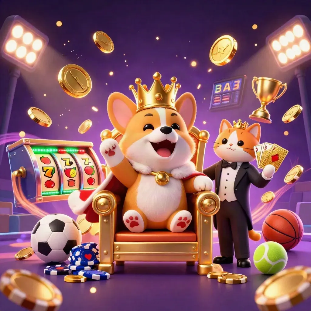 Royal corgi and cat butler amid coins, trophies, reels, fireworks, and neon casino glow.