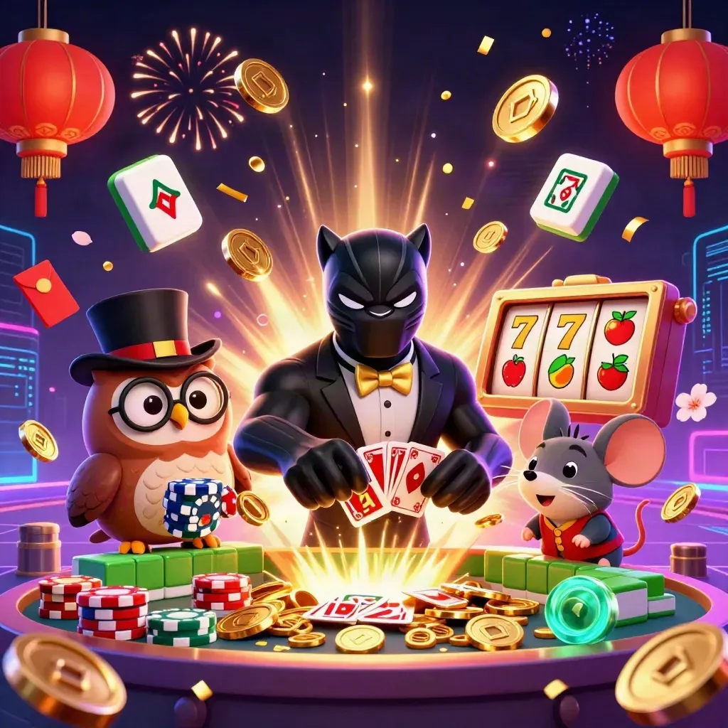 Panther, owl, and mouse amid jackpots, coins, lanterns, fireworks, and neon casino glow.