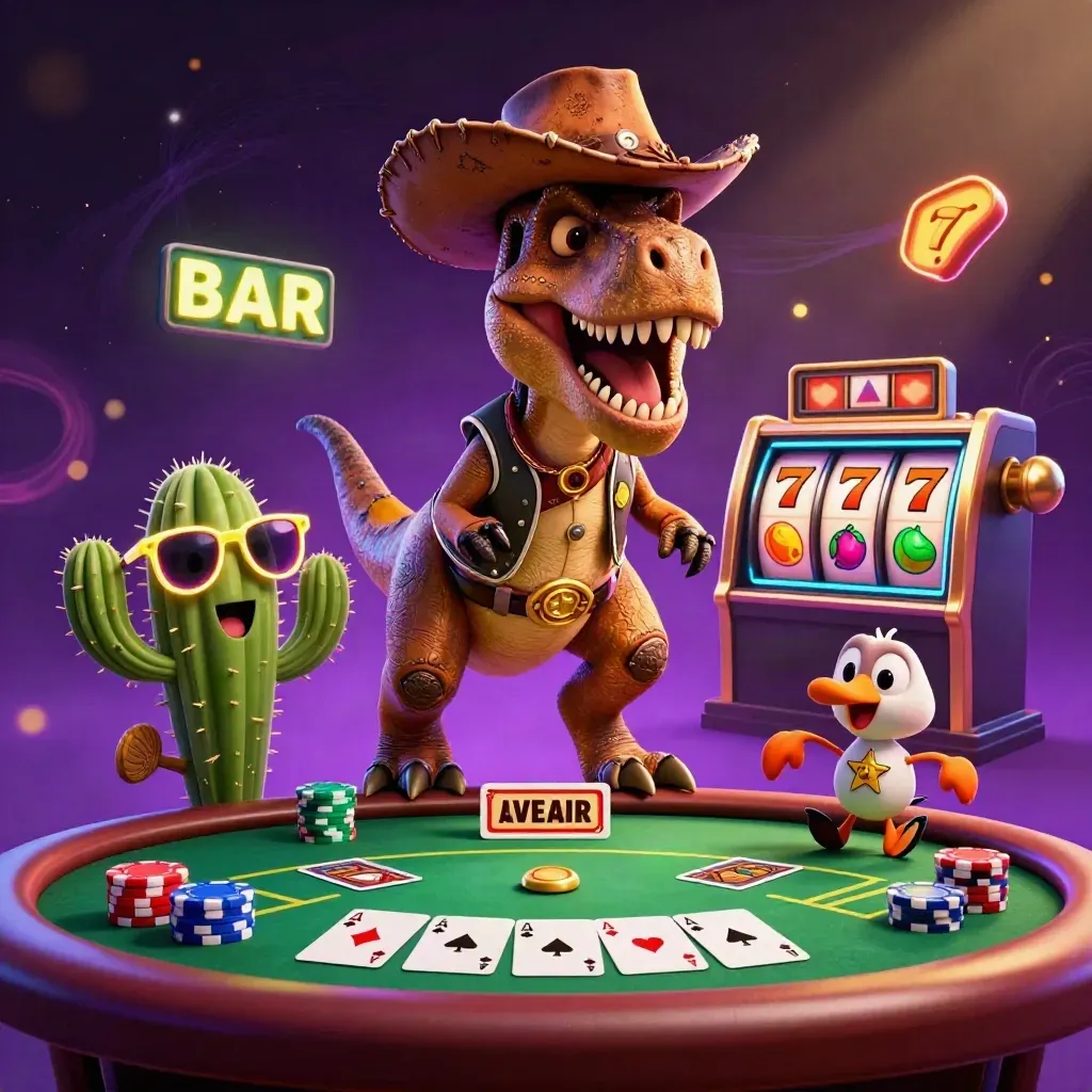 Cowboy T-Rex, cactus sidekick, and sheriff roadrunner amid jackpots, chips, and glowing reels.