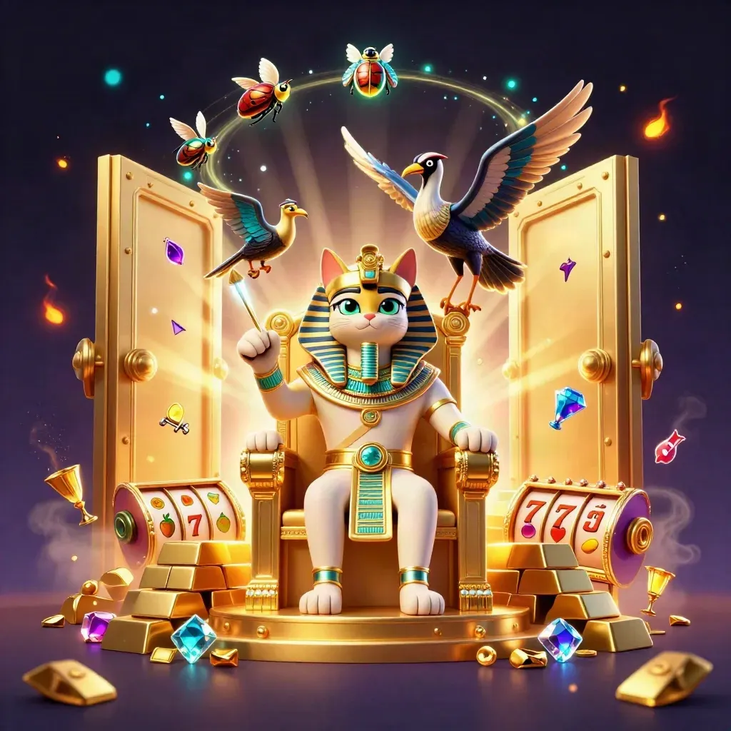 Pharaoh cat, ibis scribe, and gem-wing scarabs amid a glowing vault and casino loot.